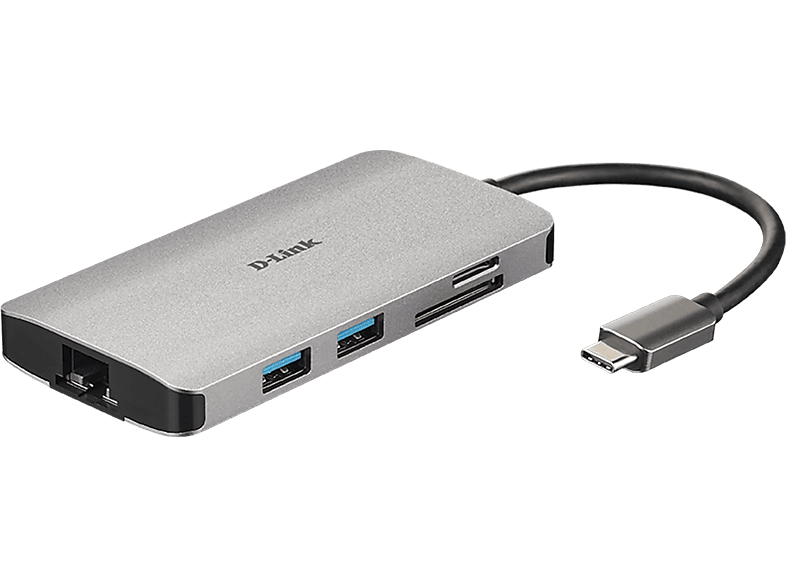 Adaptador USB - D-Link DUB-M810, 8 en 1, Hub tipo C, HDMI/Ethernet/Lector tarjetas/Suministro alimentación, Plata
