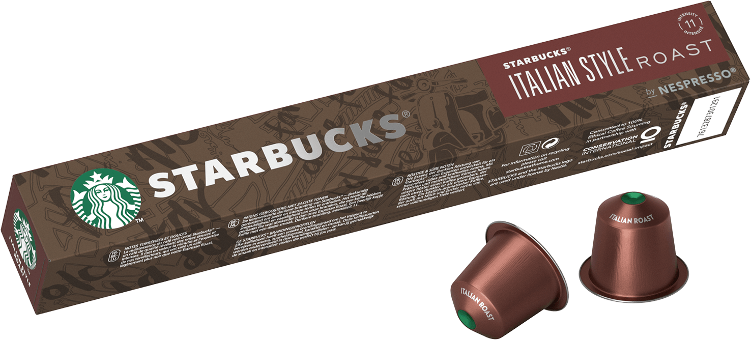 Capsule di caffè Starbucks Italian Style Roast in una scatola e 2 capsule.
