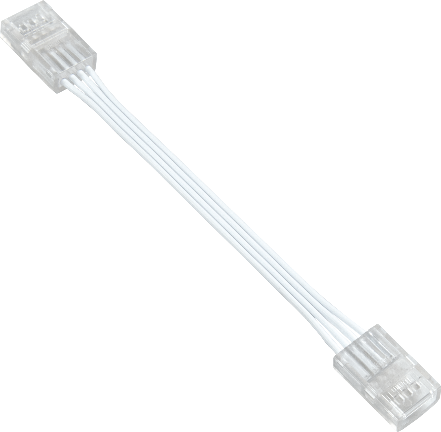Fehér LED-es fényszál-csatlakozókábel három fehér vezetékkel és átlátszó csatlakozókkal.