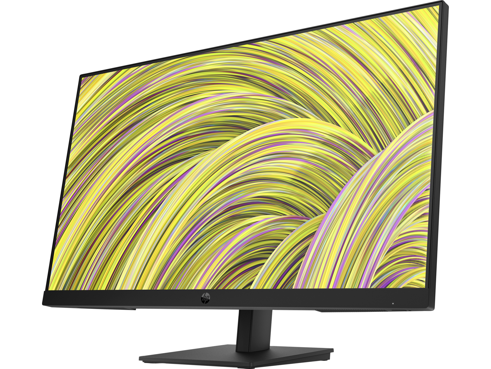 Un monitor de ordenador negro con un diseño vibrante y abstracto de remolino amarillo y morado.