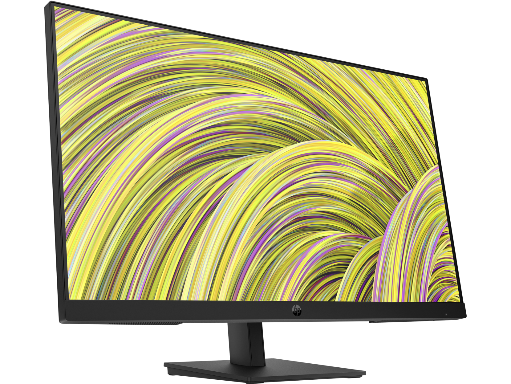 Monitor de computadora negro con un fondo abstracto amarillo y morado.