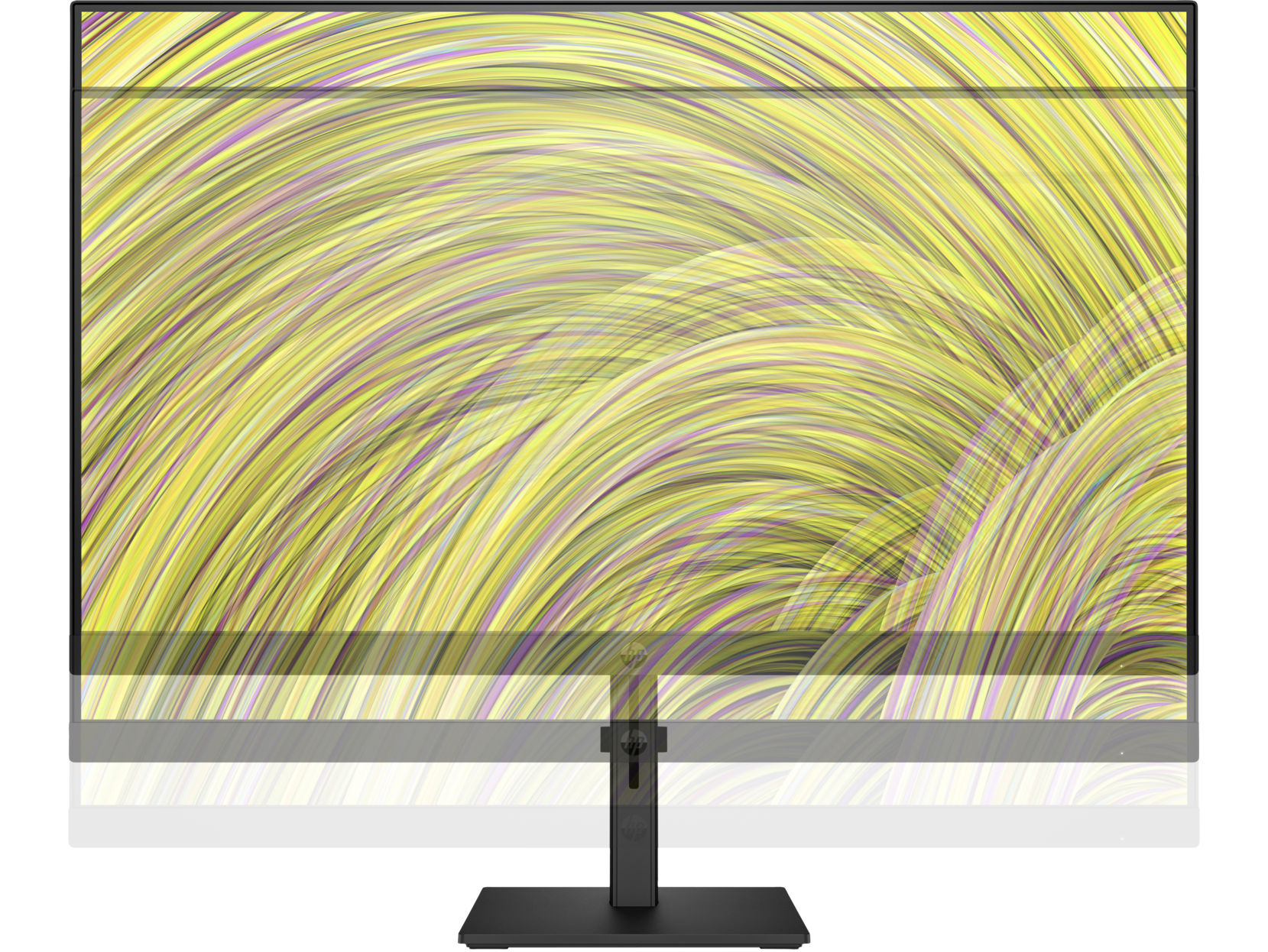 Monitor negro con pantalla curva, mostrando un patrón abstracto amarillo y verde. Soporte negro.