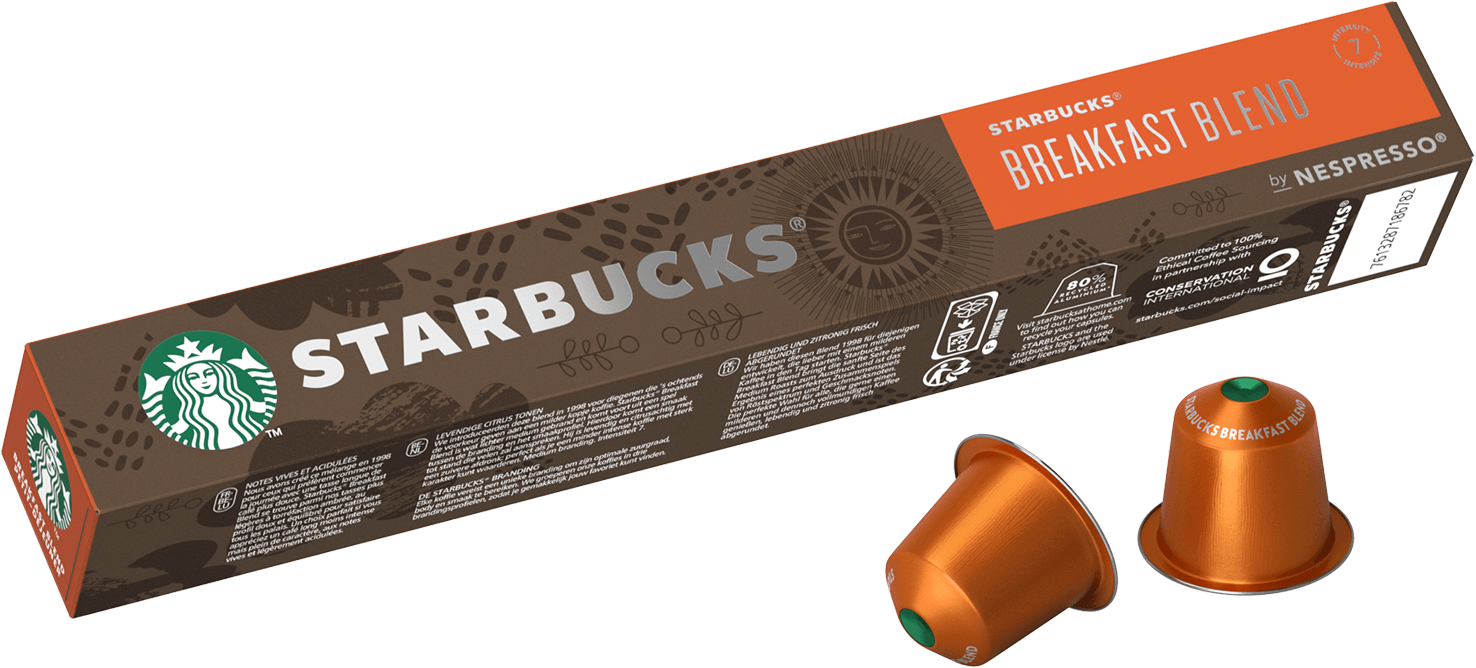 Capsule di caffè Starbucks Breakfast Blend Nespresso in una scatola marrone.