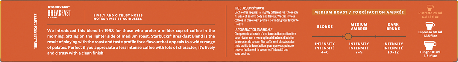 Scatola di caffè Starbucks Breakfast Blend, testo sulla miscela e l'intensità della tostatura.