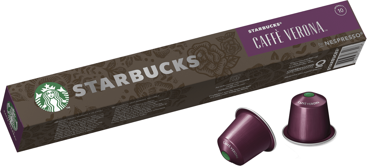 Capsule di caffè Starbucks Caffe Verona in una scatola. Due capsule sono fuori dalla scatola, mostrando il caffè.
