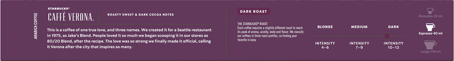 Confezione di caffè Starbucks Caffe Verona, testo sulla tostatura scura e l'intensità del caffè.