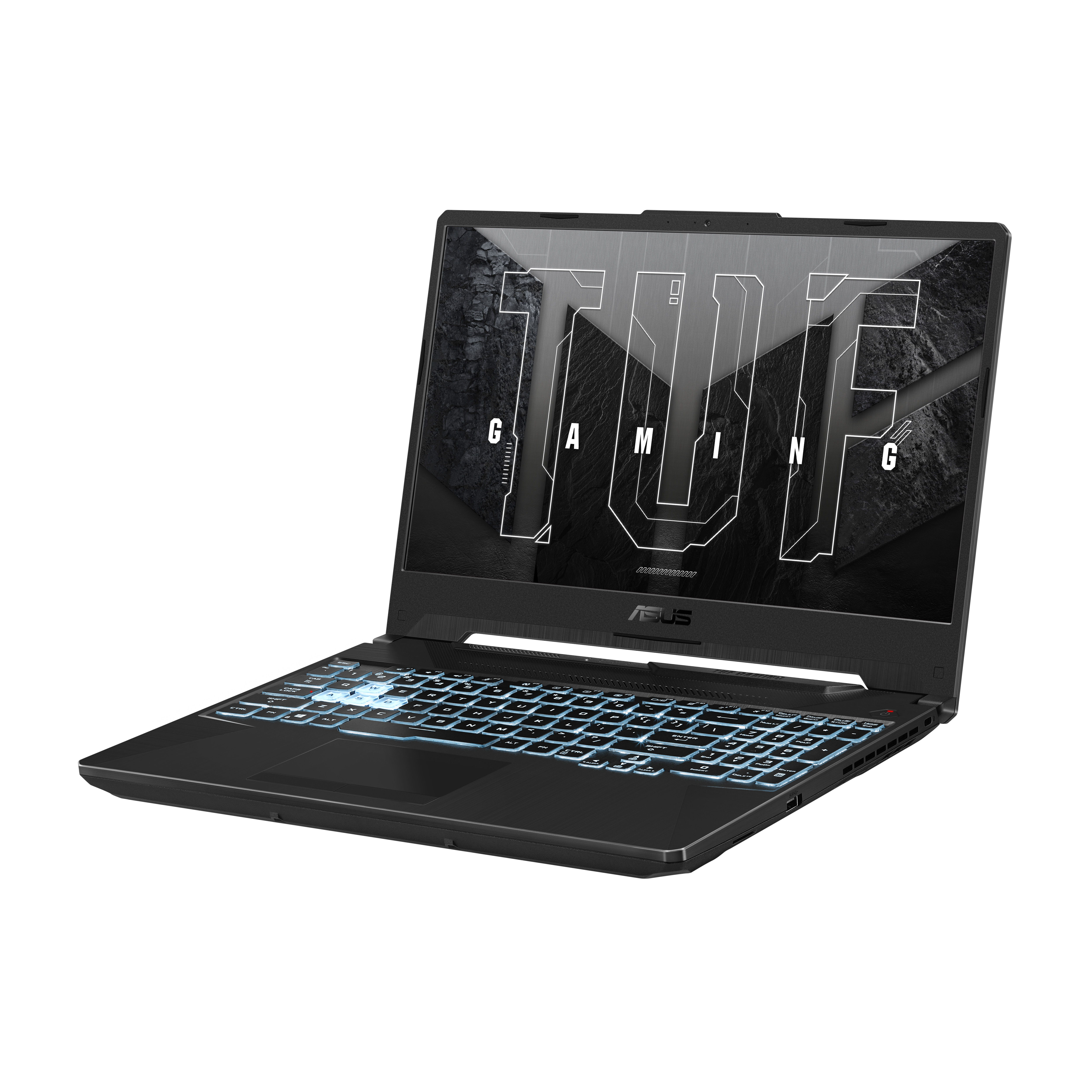 Portátil negro, serie gaming TUF, con teclado iluminado, sobre una superficie blanca.