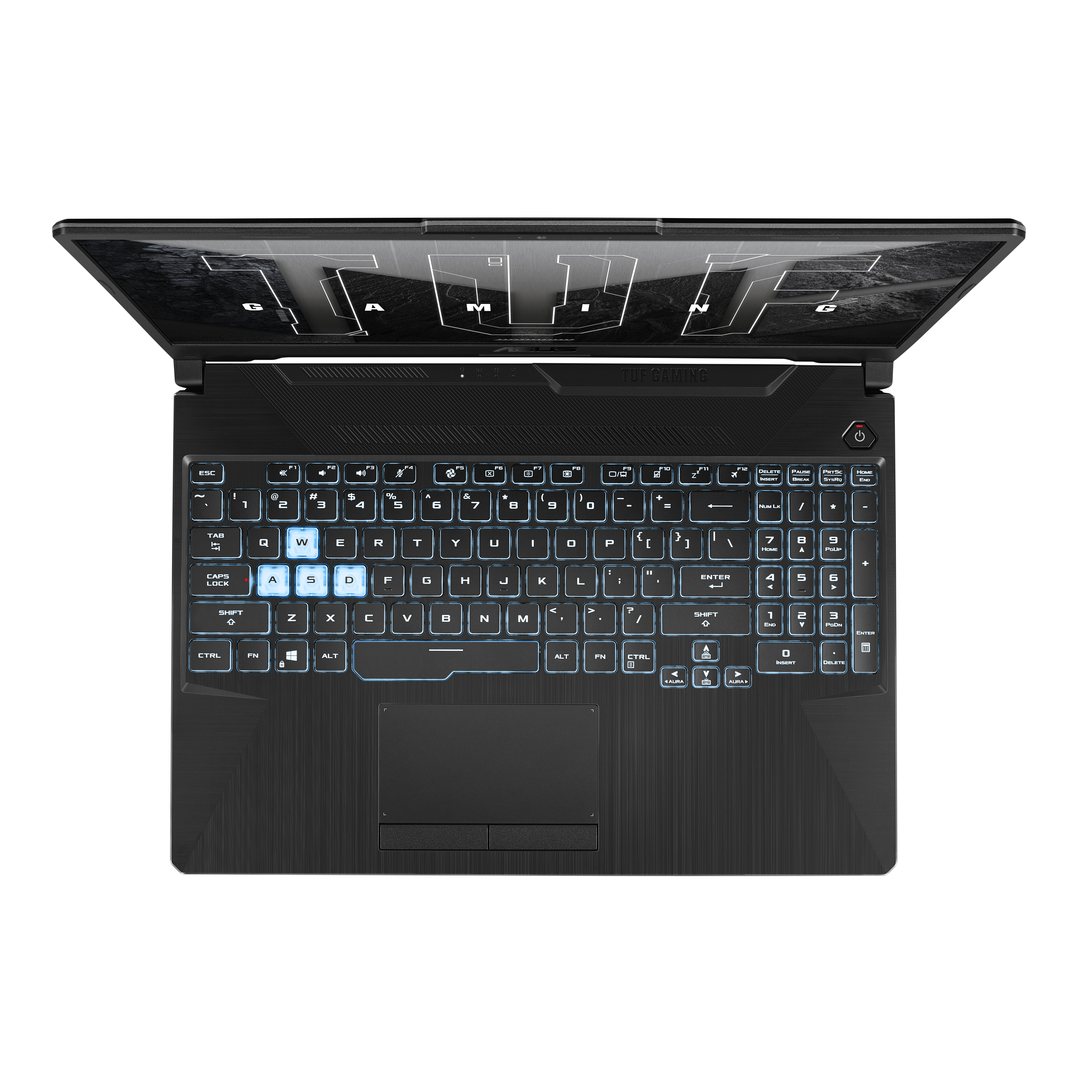 Ordenador portátil negro abierto. Teclado iluminado, vista superior.
