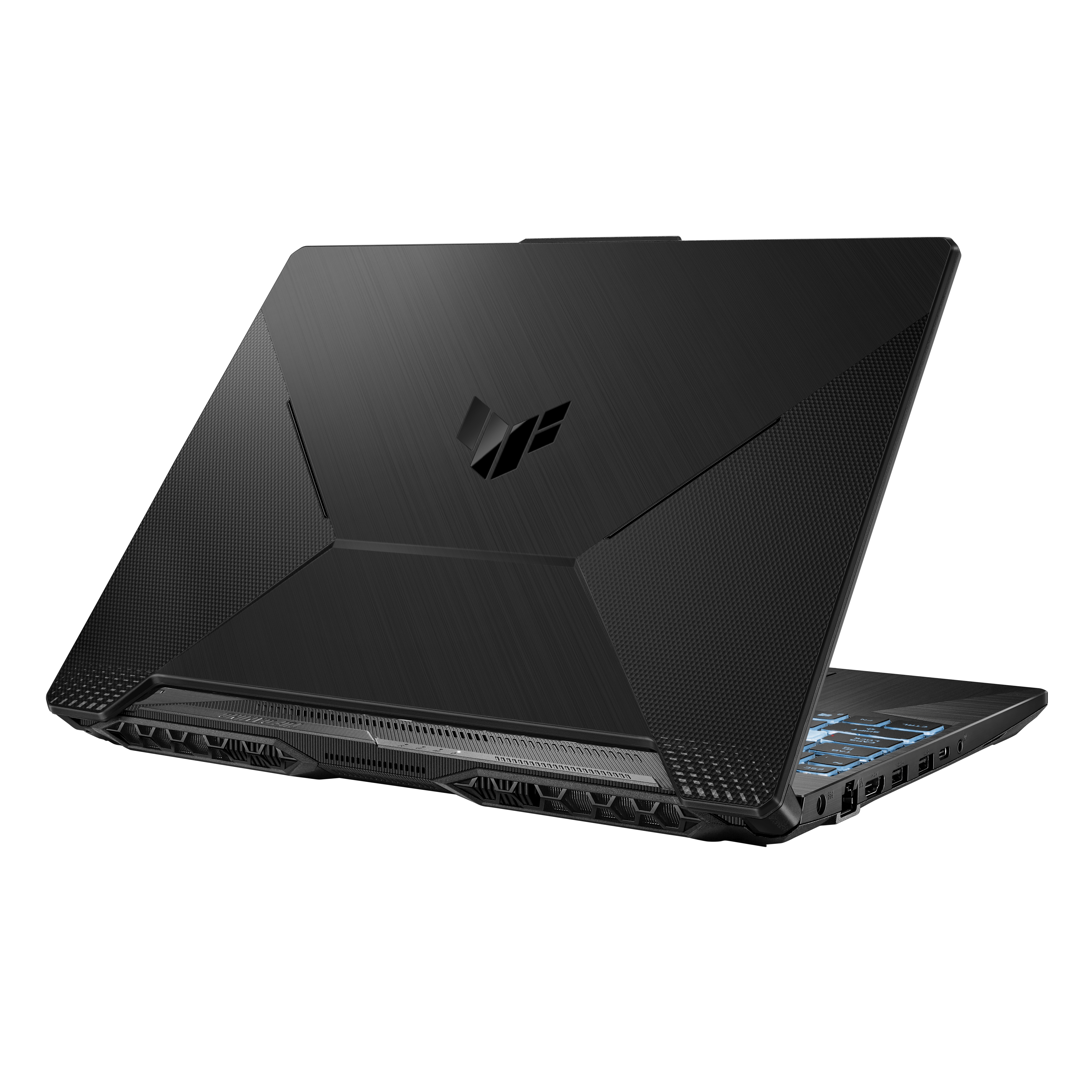 La parte trasera de una computadora portátil negra con un logotipo.
