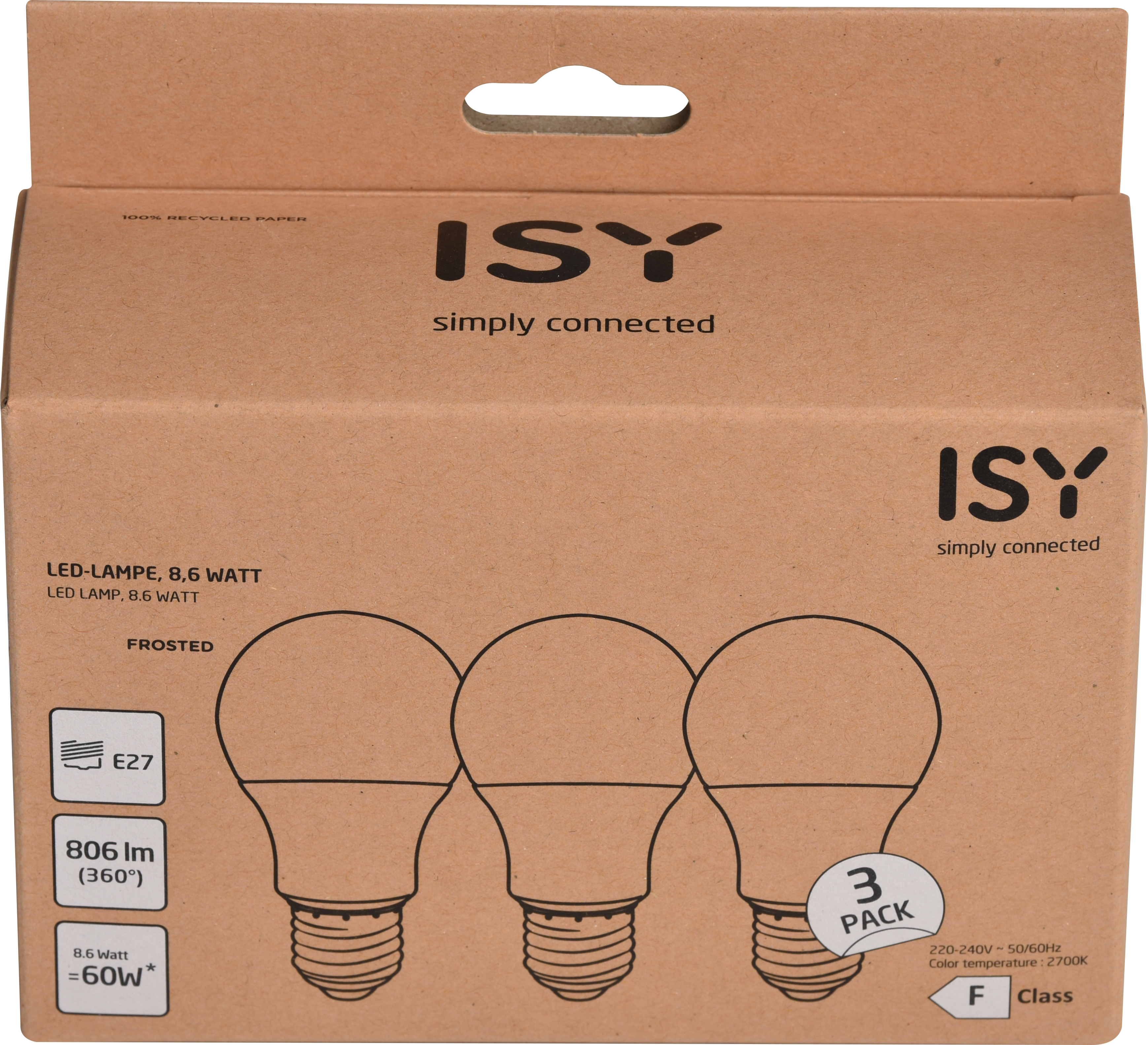 Boîte de trois ampoules LED, ampoules blanches, boîte en carton marron, fond blanc.