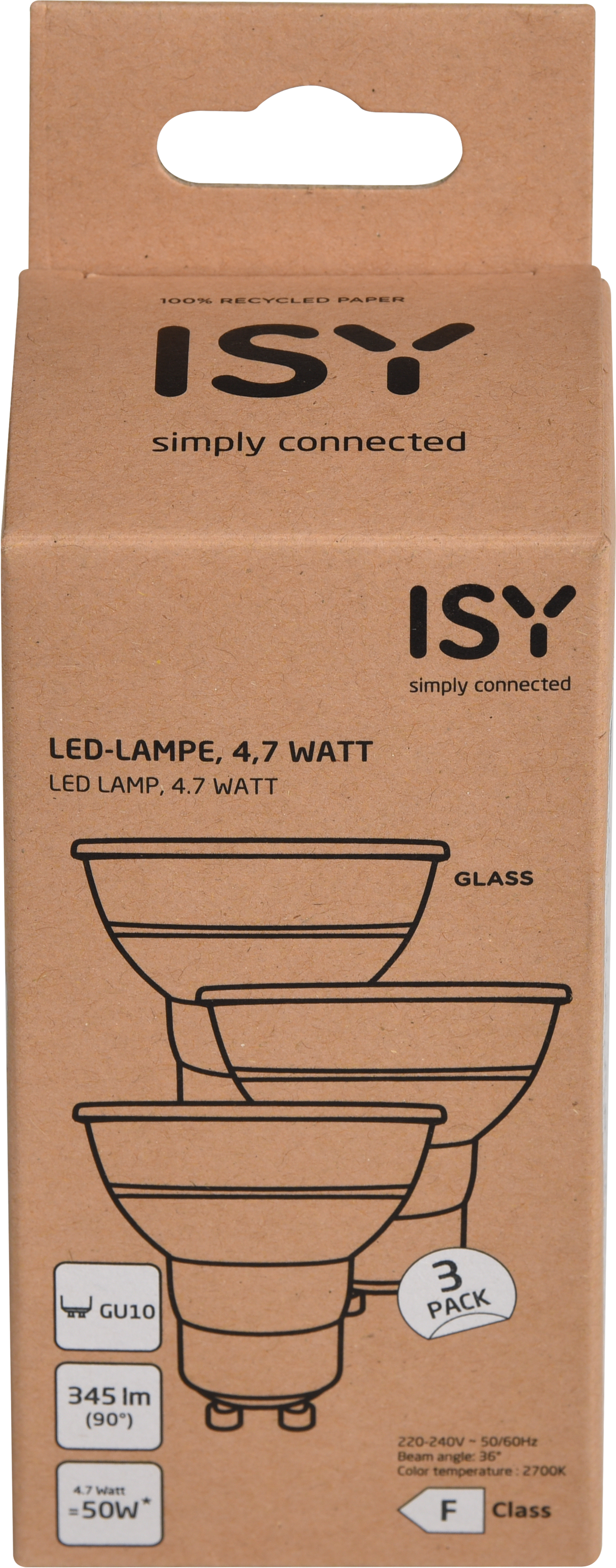 Paquet d'ampoules LED ISY.  Boîte en carton marron avec trois lampes représentées. Fond blanc.