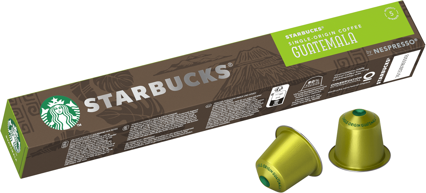Una scatola di caffè Starbucks e due capsule di caffè. La scatola è verde e marrone.