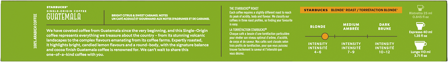 Manicotto per caffè Starbucks con testo e livelli di intensità con codice colore.