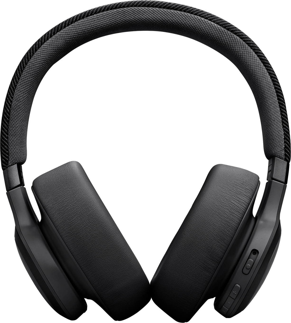 Cuffie nere. Design over-ear. Archetto e padiglioni neri. Isolato su sfondo nero.