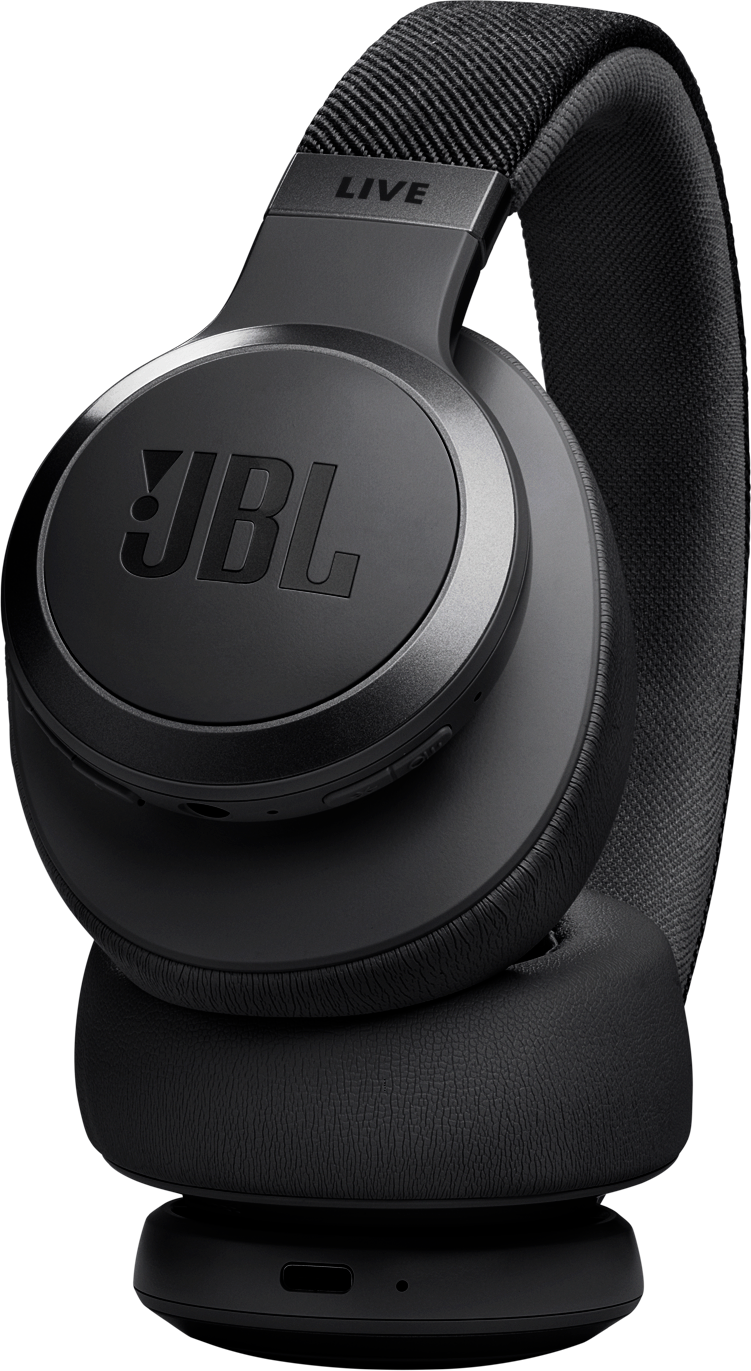 Cuffie nere con logo JBL. Le cuffie sono over-ear. Sfondo scuro.