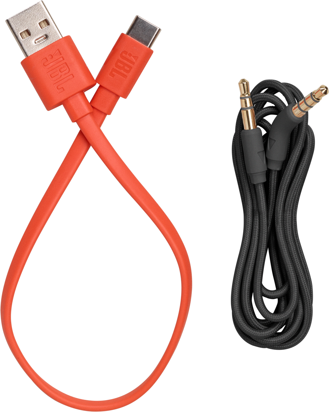 Cavi USB e USB-C JBL arancioni e un cavo nero con due jack da 3,5 mm.