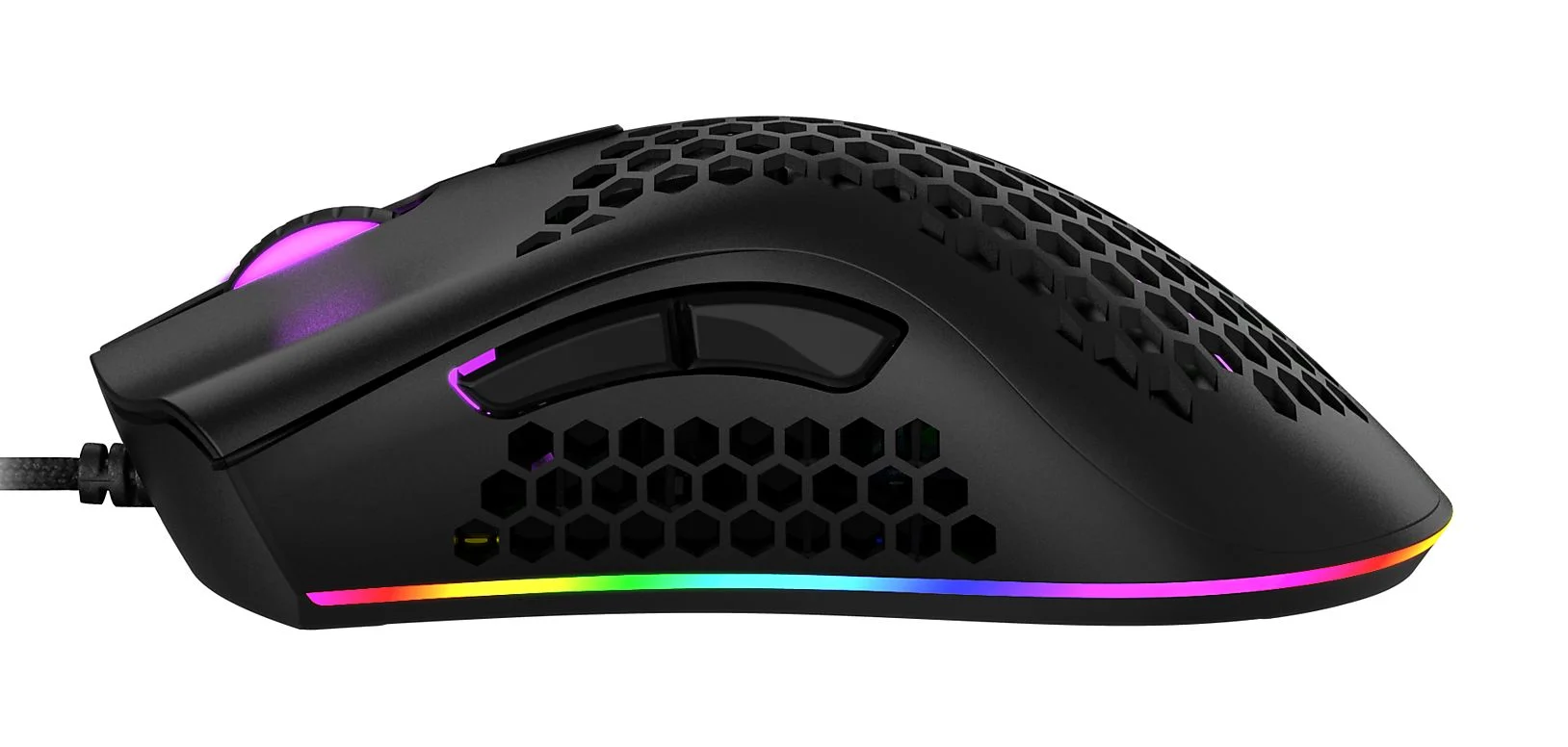 Fekete gamer egér méhsejt dizájnnal és RGB világítással.