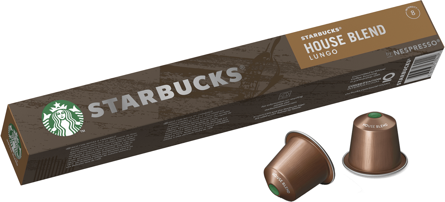 Capsule di caffè Starbucks House Blend Lungo in una scatola. Due capsule sono fuori dalla scatola.