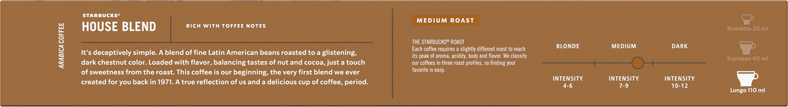 Un'immagine marrone con il testo "STARBUCKS HOUSE BLEND" e informazioni sul caffè.