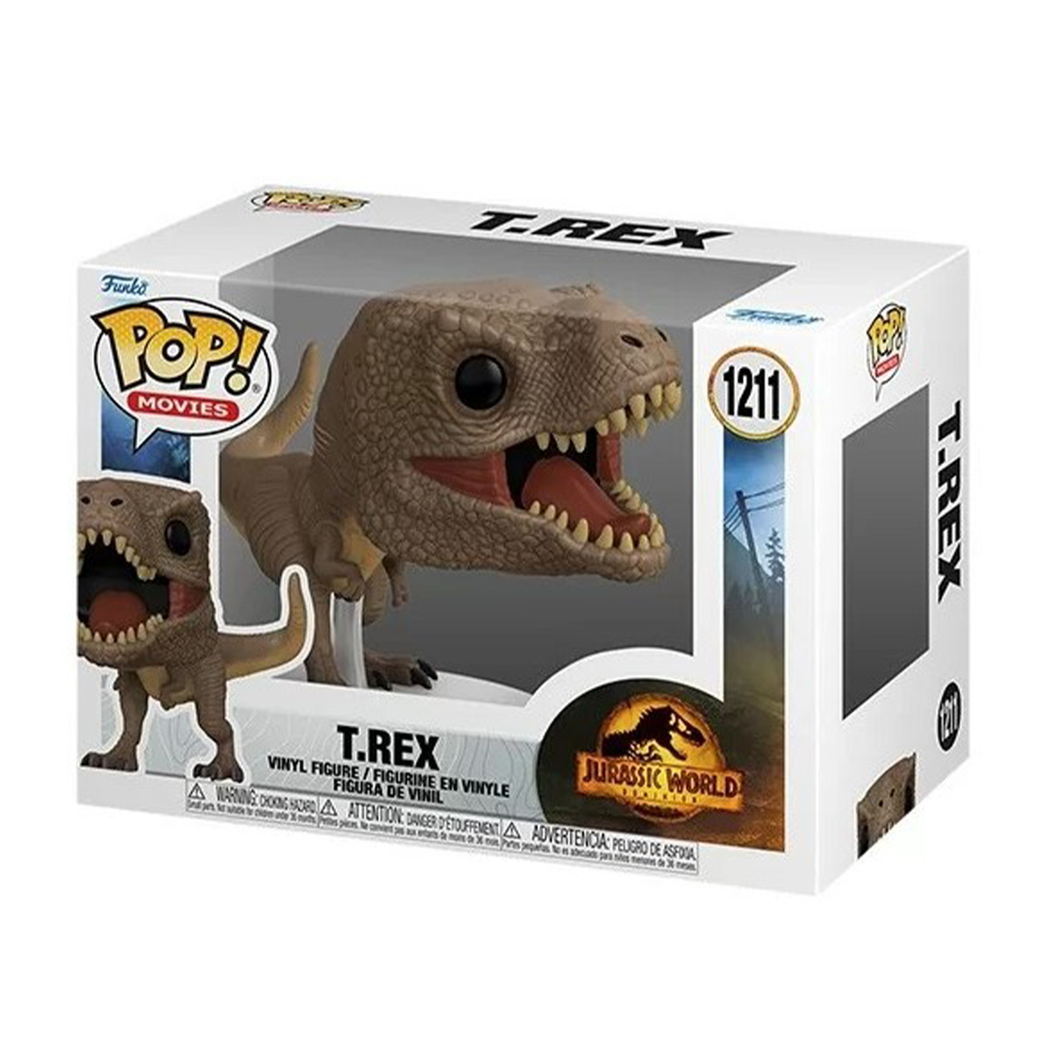 Figura T-Rex Funko Pop in scatola. Giocattolo dinosauro con bocca aperta, marchio Jurassic World.