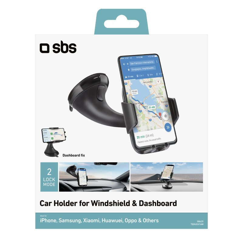 Auto-Halterbox für iPhone, Samsung, Xiaomi, Huawei, Oppo. Zeigt Telefon und Autohalterung, mit Armaturenbrett- und Windschutzscheibenbefestigung.