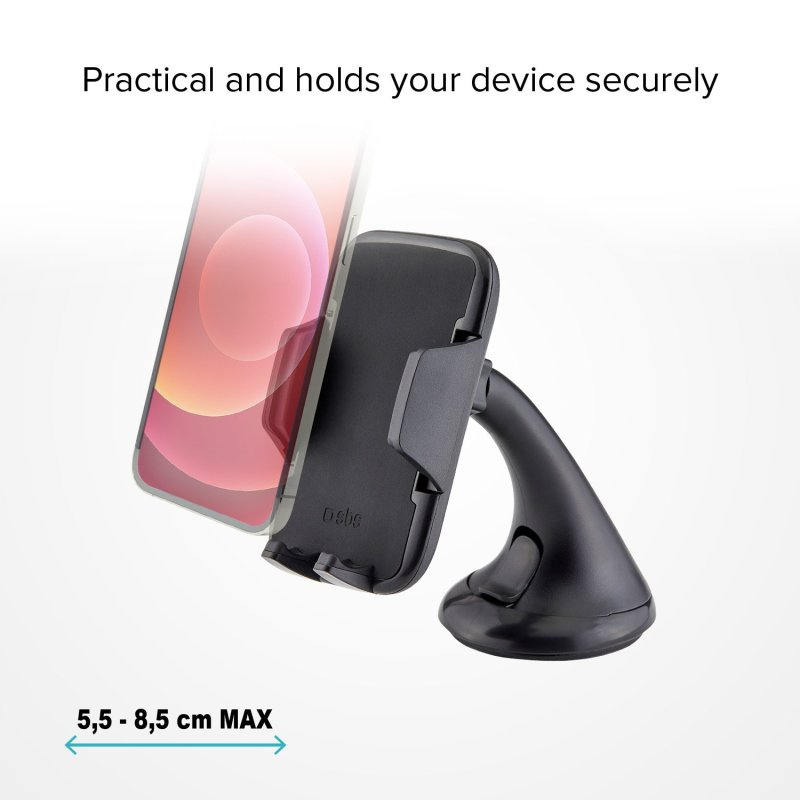 Schwarzer Telefonhalter, der ein Telefon hält. Das Telefon ist rot und weiß.
