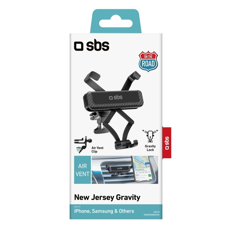 SBS-Telefonhalter in Verpackung. Schwarzer Halter für die Lüftung, Gravity Lock.
