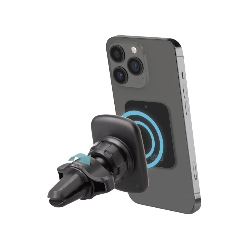 Smartphone auf einem Lüftungsschlitz befestigt. Telefon ist schwarz, Halterung schwarz mit blauem Ring.