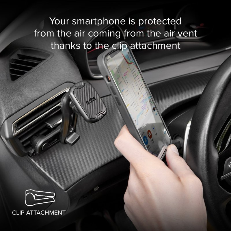 Smartphone in einem Auto montiert, mit Text über die Clip-Befestigung.