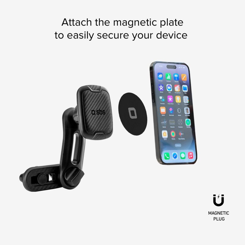 Ein Autotelefonhalter mit angebrachtem Telefon. Das Telefon hat eine schwarze Magnetplatte.