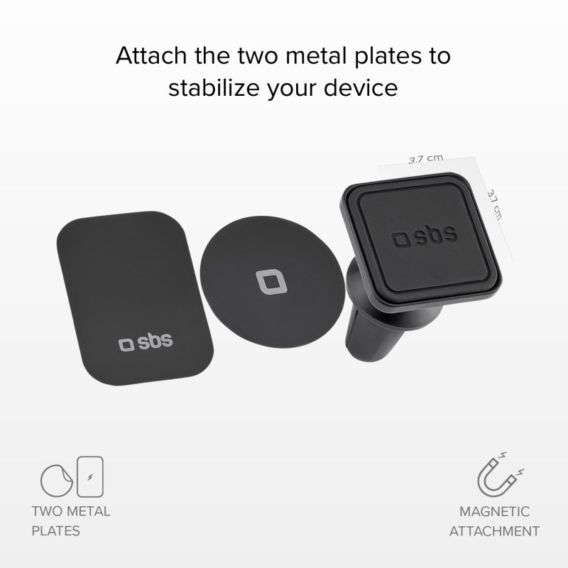 Zwei schwarze Metallplatten und eine Halterung für ein Telefon.