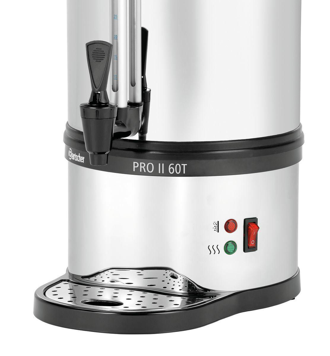 Ein silberner und schwarzer Wasserkocher. Er hat einen Wasserhahn, Wasserstandsanzeige, Ein-/Ausschalter und eine Tropfschale. Modell PRO II 60T.