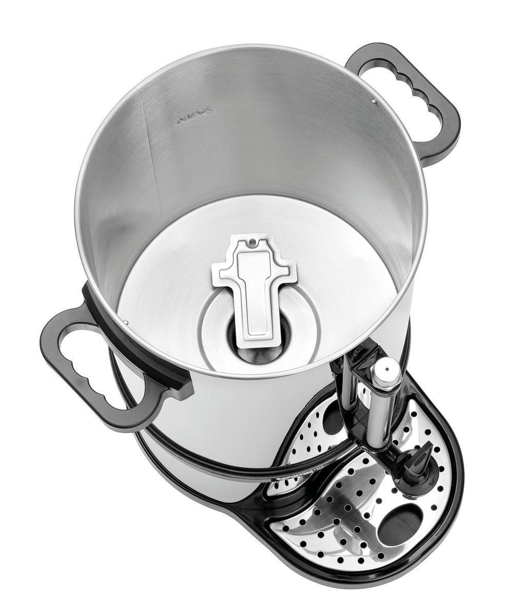 Edelstahl-Kaffeemaschine, Draufsicht. Sie hat einen schwarzen Sockel und Griffe, mit einem zentralen Filter und einer Maximalstandsanzeige.