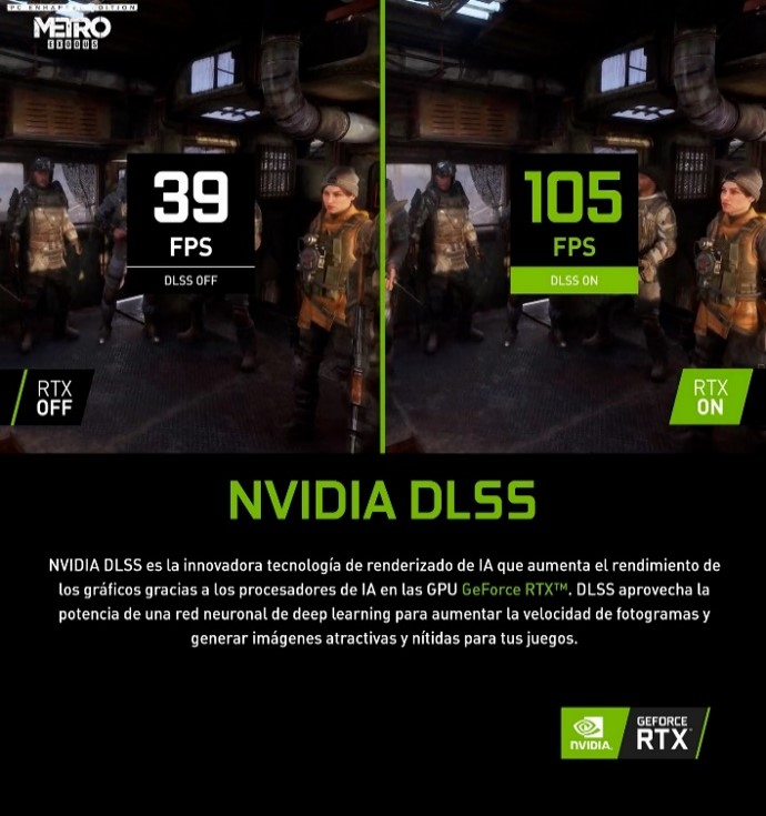 Comparación NVIDIA DLSS. Muestra la diferencia de FPS en un juego con DLSS desactivado y activado. Soldados al fondo.