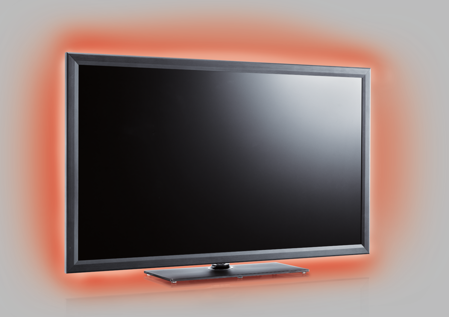 Nagy fekete TV képernyő, piros fénykerettel körülvéve, szürke háttérrel. A képernyőn nincs tartalom.