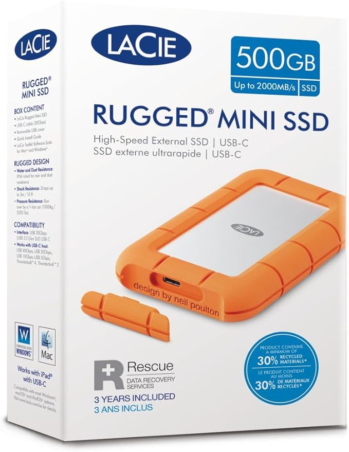 Caja SSD LaCie Rugged Mini naranja y blanca. Información del producto y SSD visible.