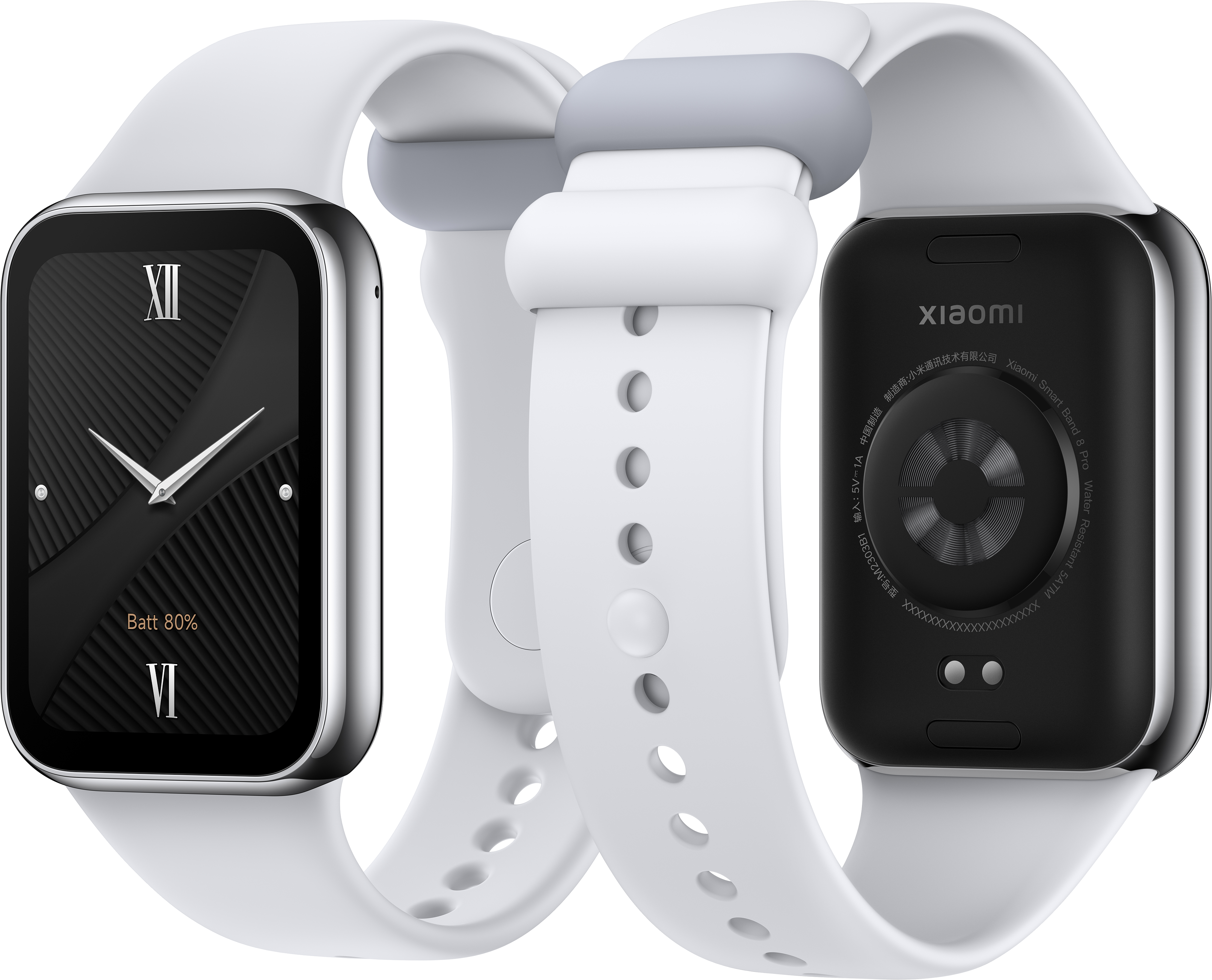 Fehér okosóra fekete kijelzővel, fehér pántokkal és Xiaomi logóval.