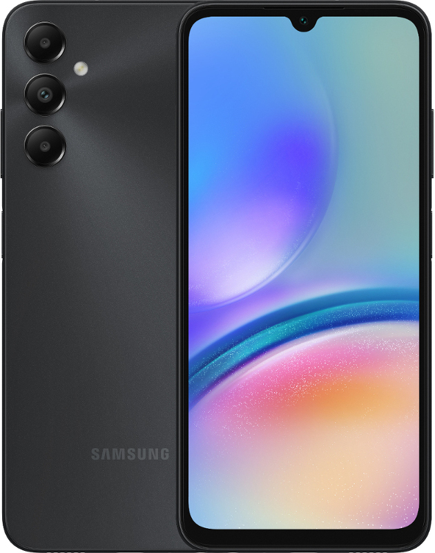 Czarny smartfon. Potrójny aparat z tyłu. Niebiesko-różowy gradient z przodu. Białe tło.