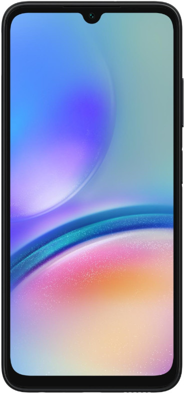 Czarny smartfon z kolorowym wyświetlaczem. Przedni aparat u góry.