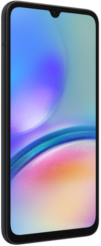 Czarny smartfon z zakrzywionym ekranem, wyświetlający niebiesko-różowo-pomarańczowy gradient.
