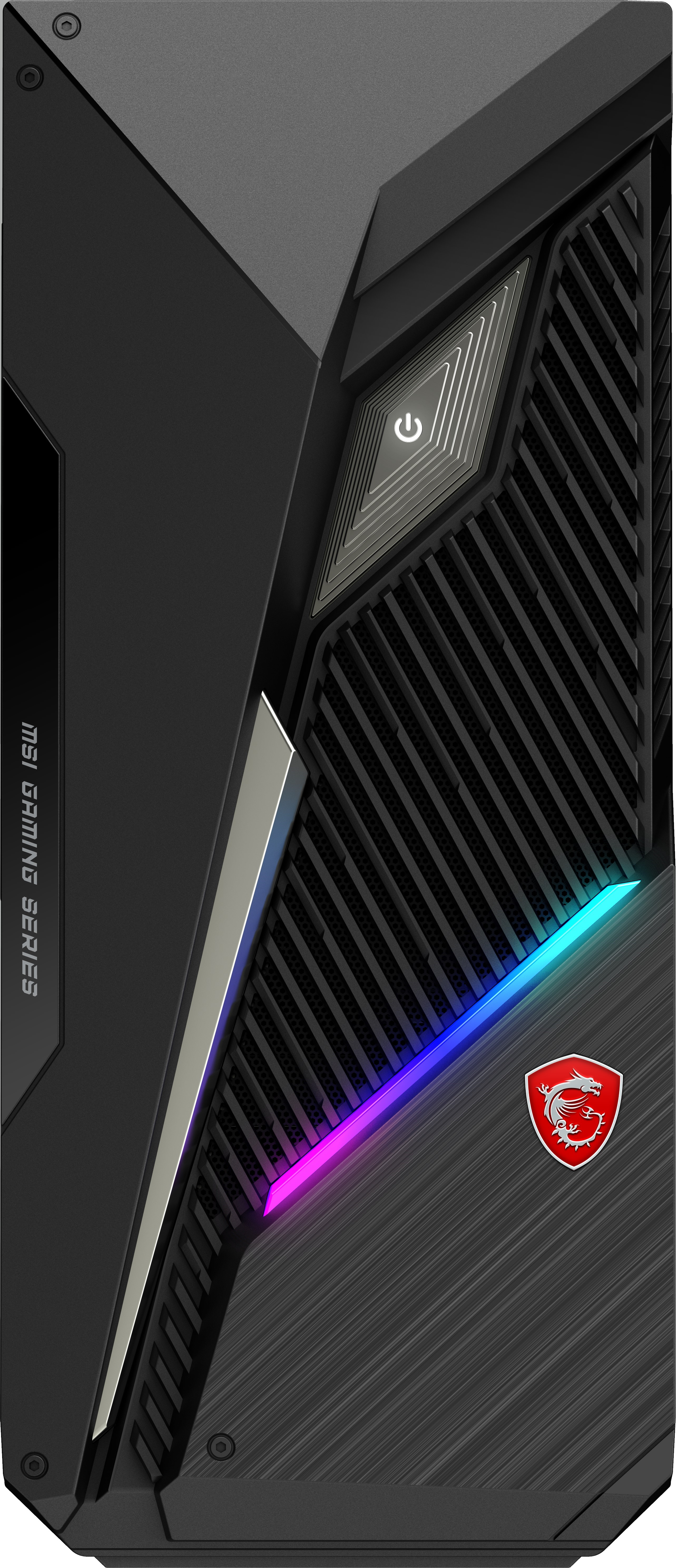 Ein schwarzer MSI Gaming-PC-Tower mit Ein- / Aus-Taste und farbigen Lichtern an der Vorderseite.