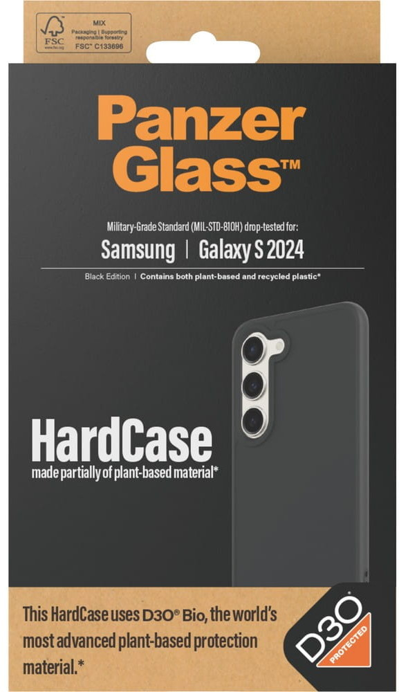 Opakowanie etui na telefon. Czarne etui po prawej. Tekst: HardCase, materiał roślinny.