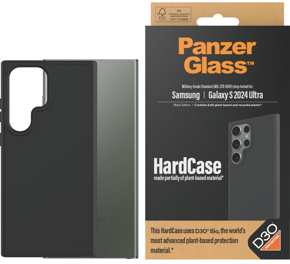 Pudełko na etui PanzerGlass i czarne etui obok telefonu Samsung Galaxy S2024 Ultra.