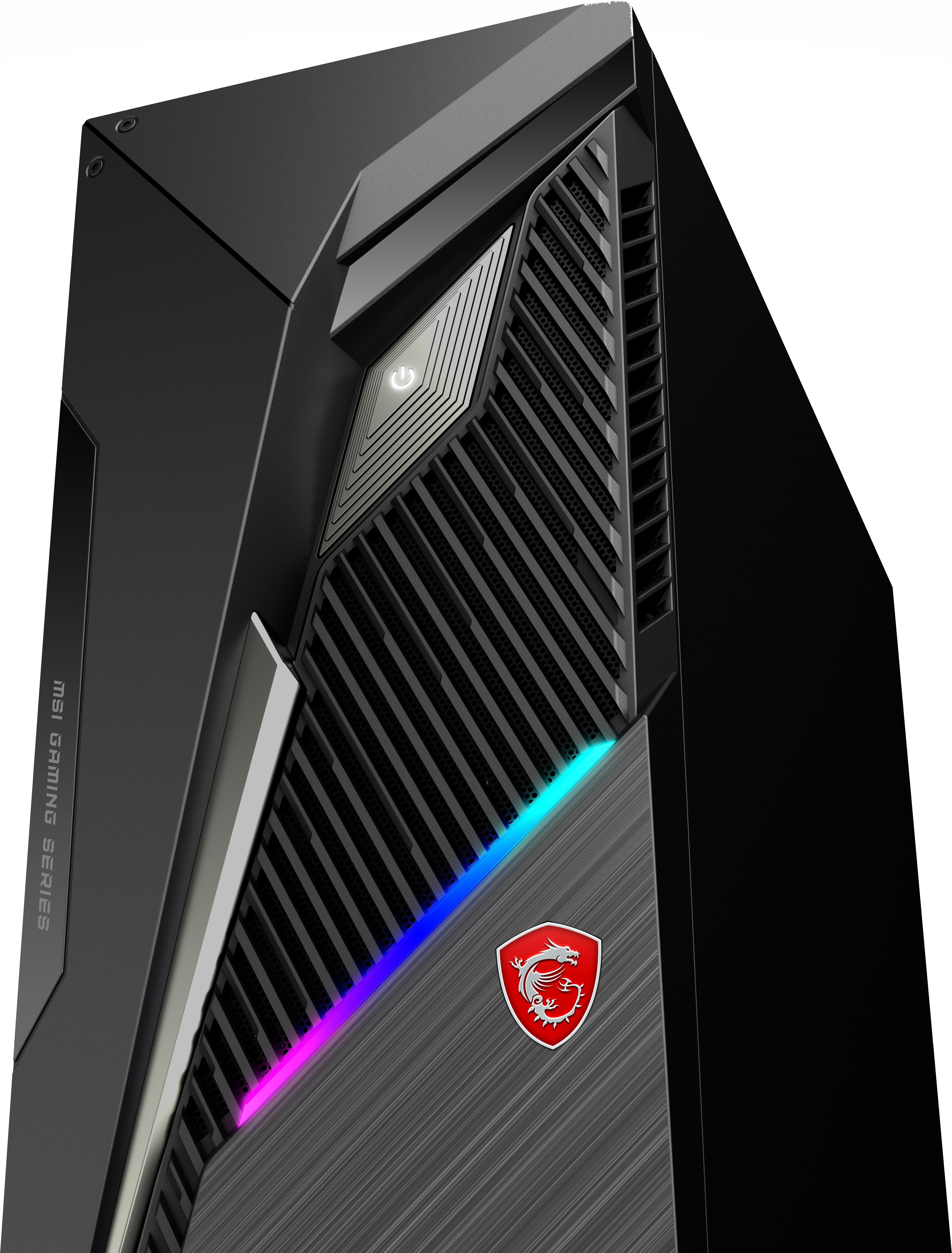 Ein schwarzer MSI Gaming-Desktop mit RGB-Beleuchtung, mit dem MSI-Logo, vor weißem Hintergrund.