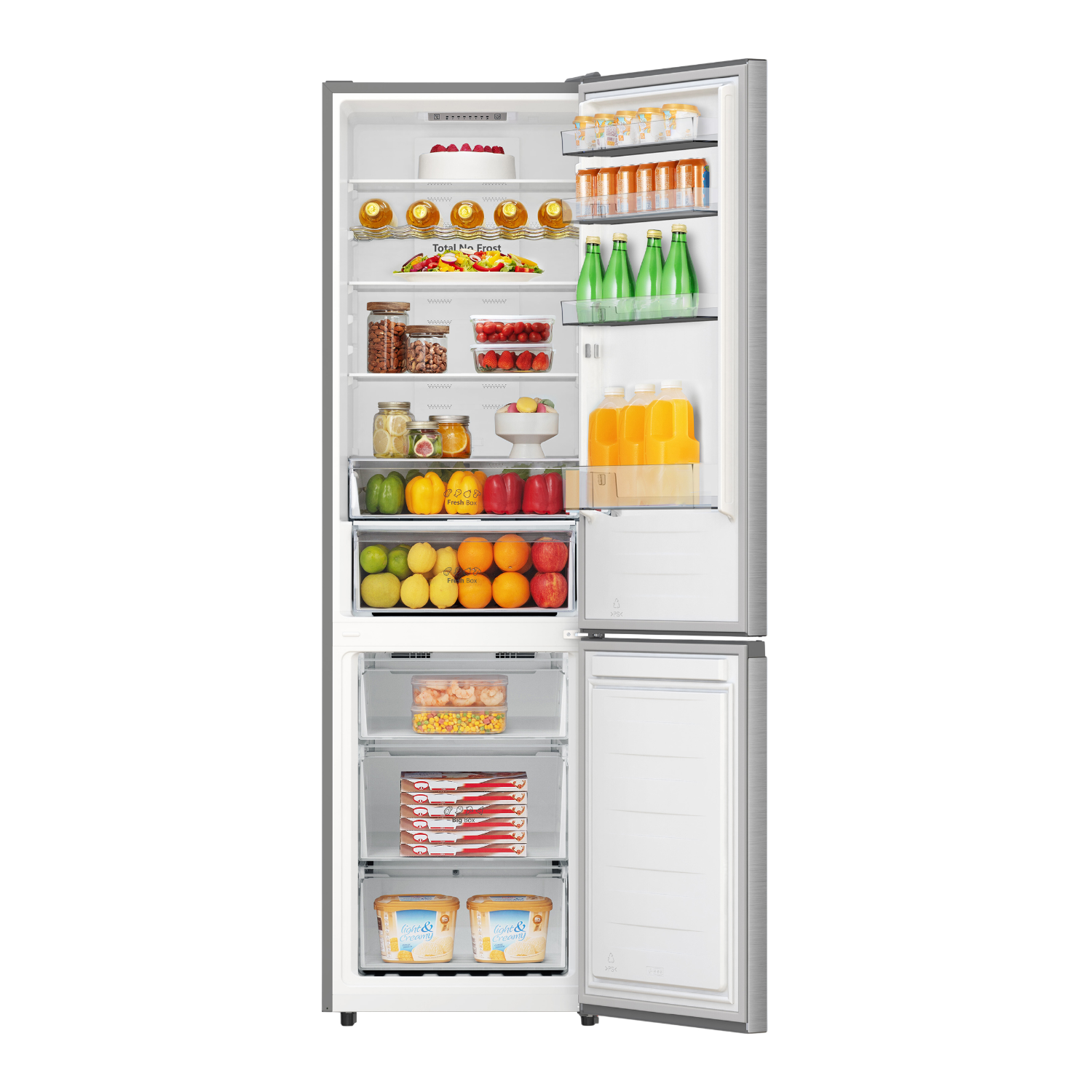 An open refrigerator filled with food: fruits, drinks, cakes, and frozen items. Silver exterior, white interior, and organized shelves.