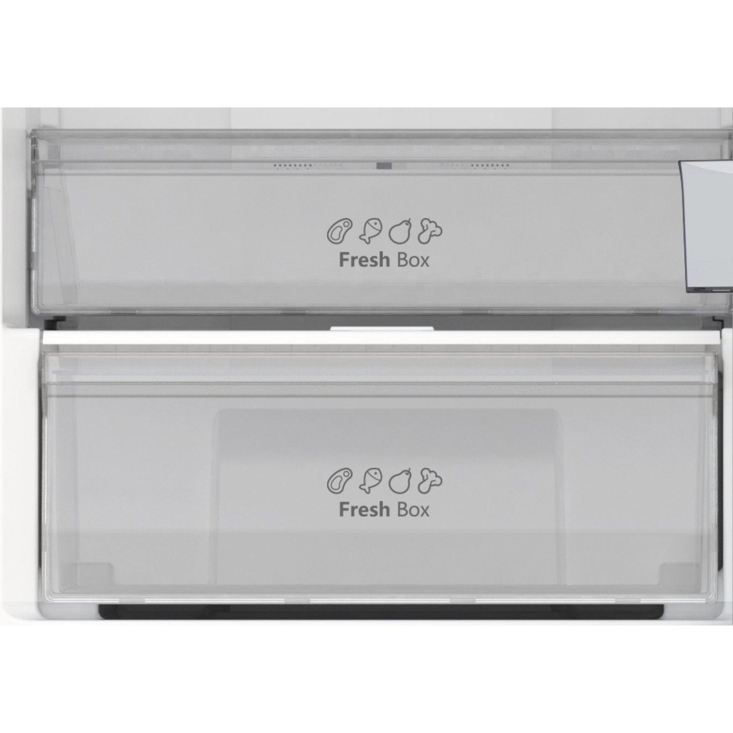 Two clear plastic drawers. The top drawer shows a Fresh Box label with symbols.