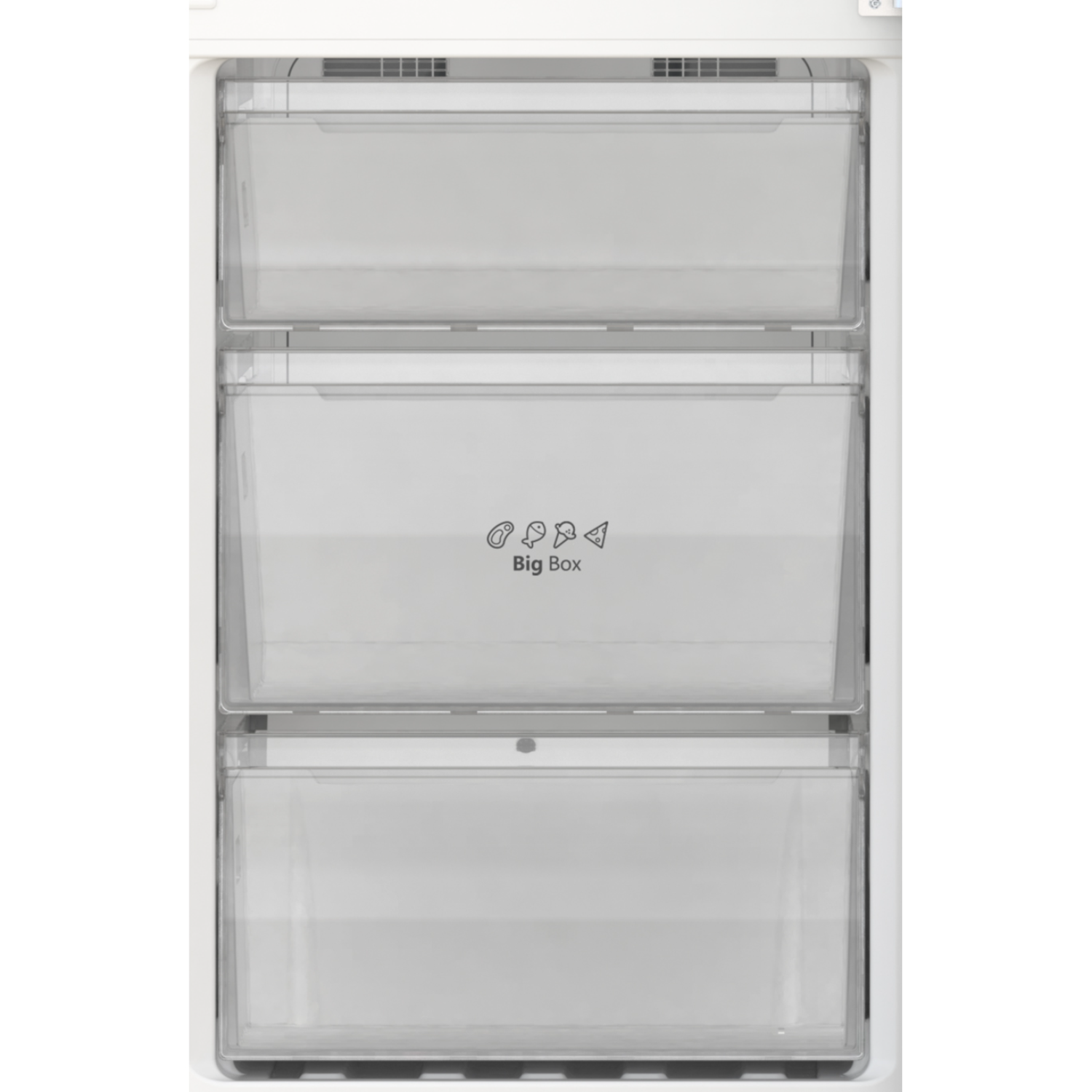 A white freezer with three transparent drawers. The middle drawer has 'Big Box' on it.