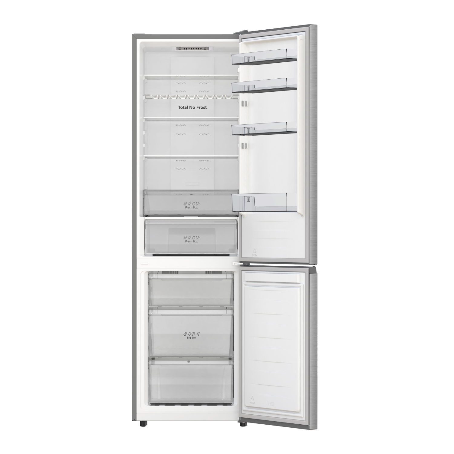 Open gray refrigerator with compartments. The door is open, showcasing shelves and drawers.