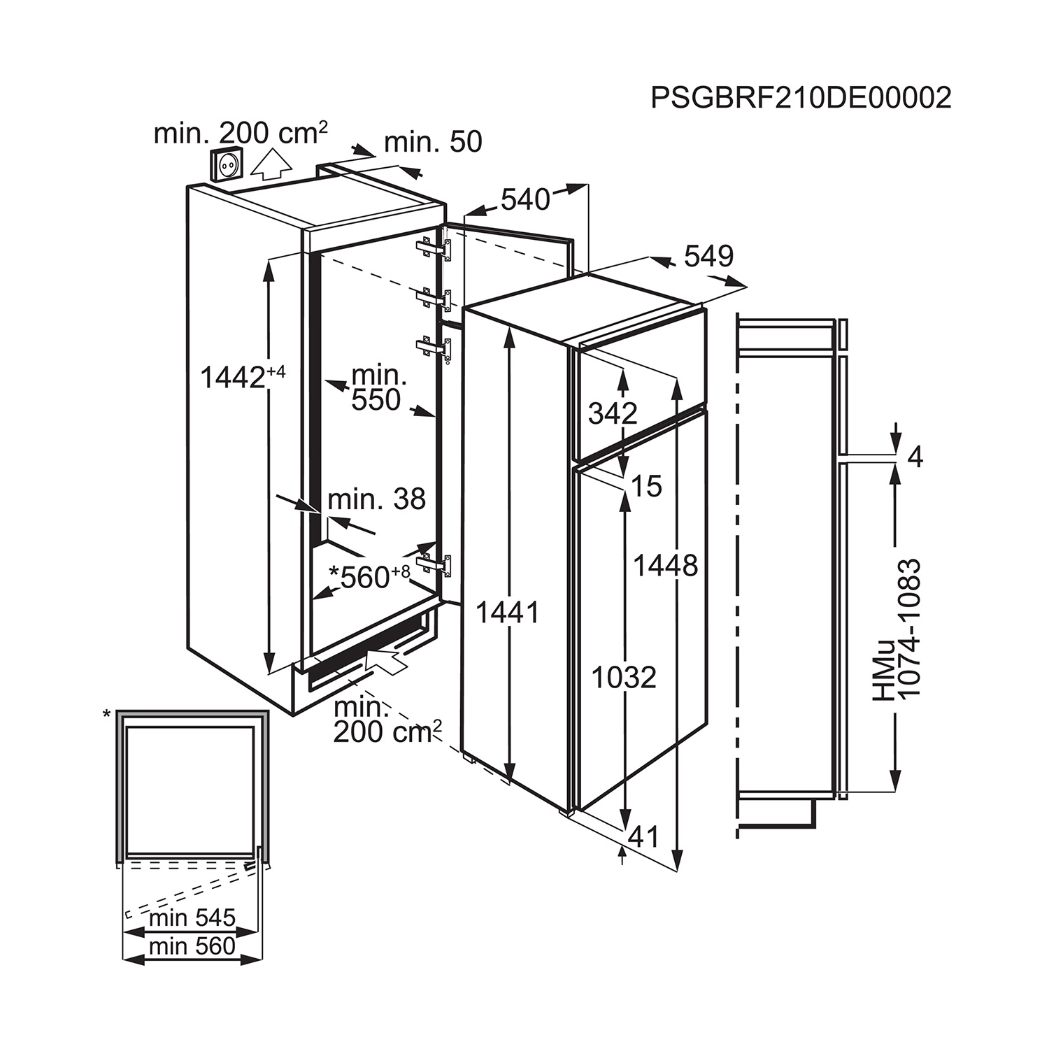 Disegno tecnico di un frigorifero con dimensioni ed etichette, che mostra frigo e congelatore.