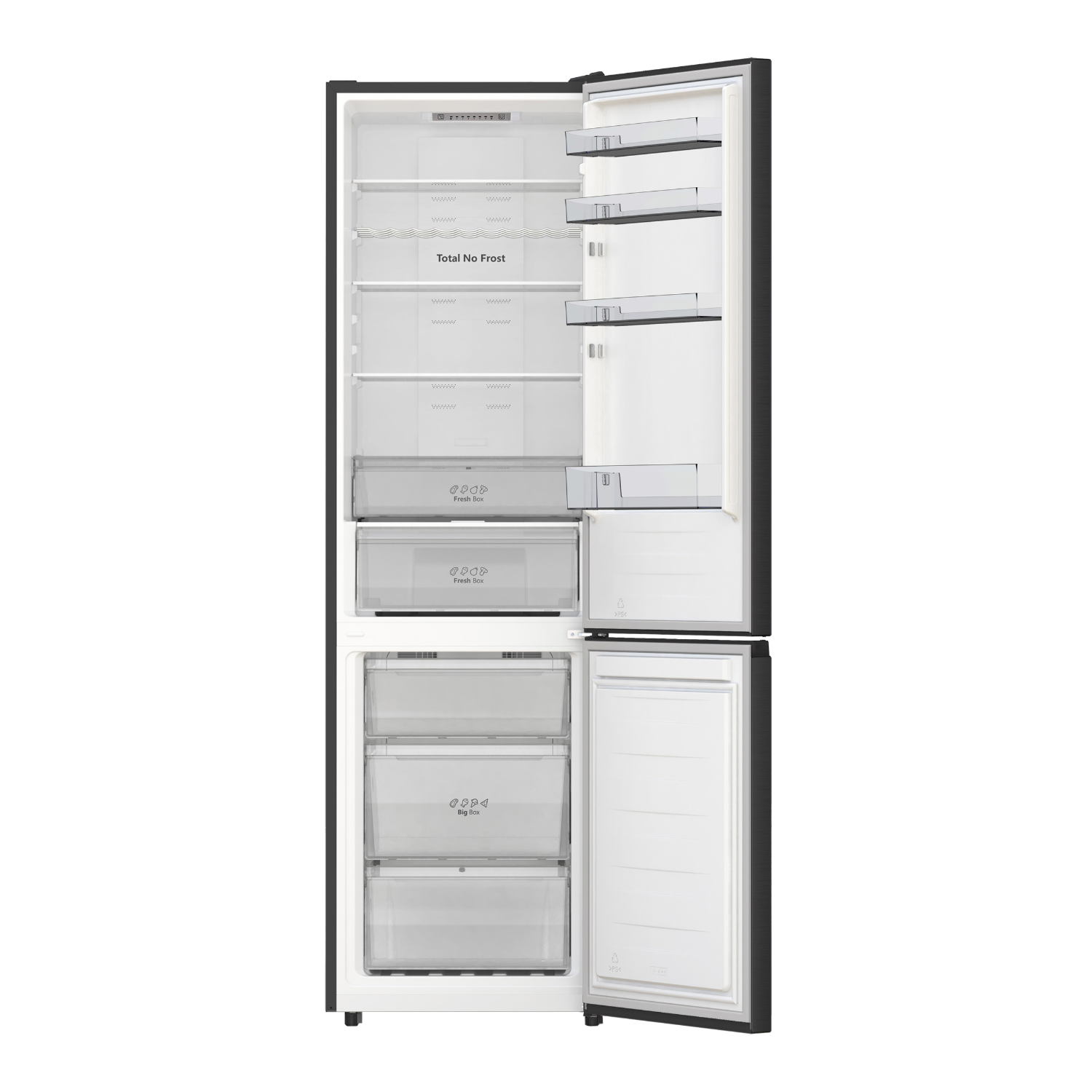 Black refrigerator with the doors open, showing the interior.